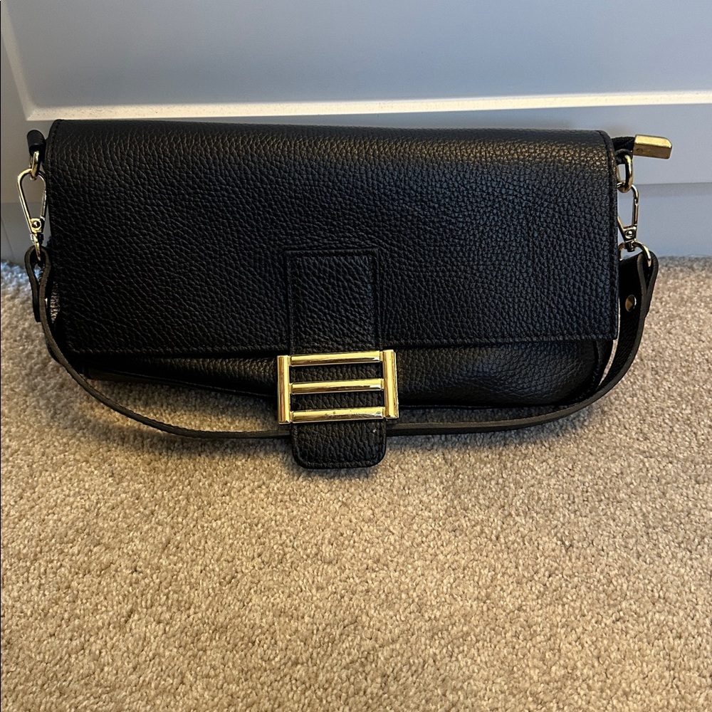 Black Italian pebble leather crossbody purse by  Divina Firenze.